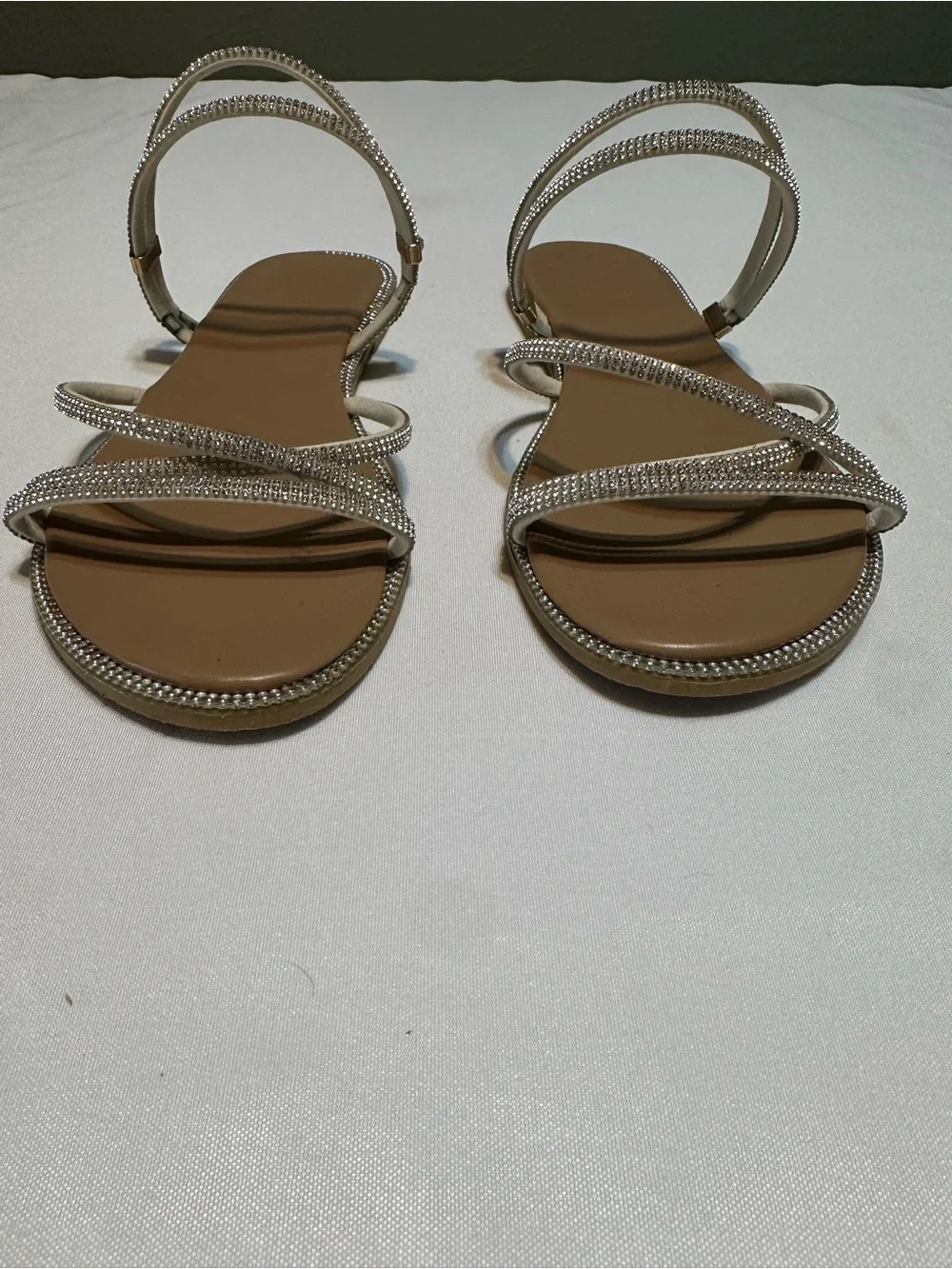 Strappy Rhinestone Sandals in Beige — Elegant Evening Flat
